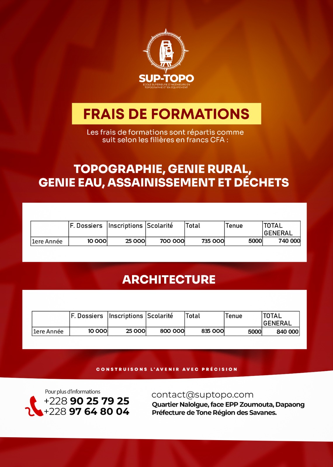 Barème officiel des frais de formation SUP-TOPO 2026-2027