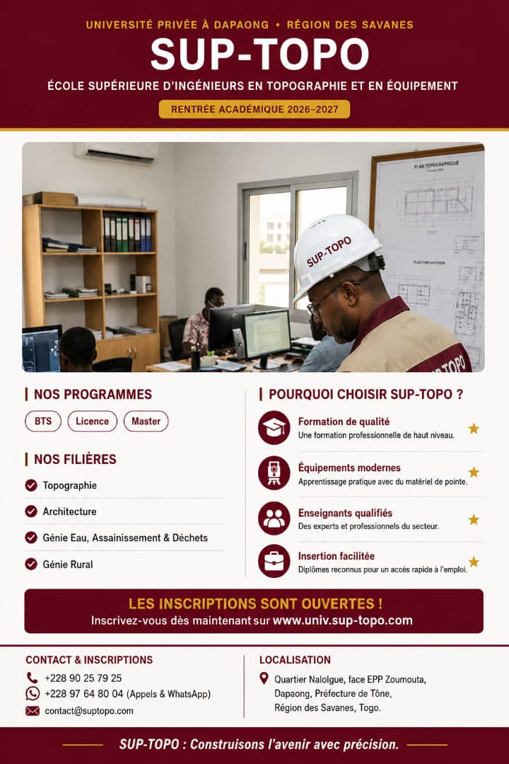 Affiche institutionnelle de SUP-TOPO présentant les filières et la rentrée académique.