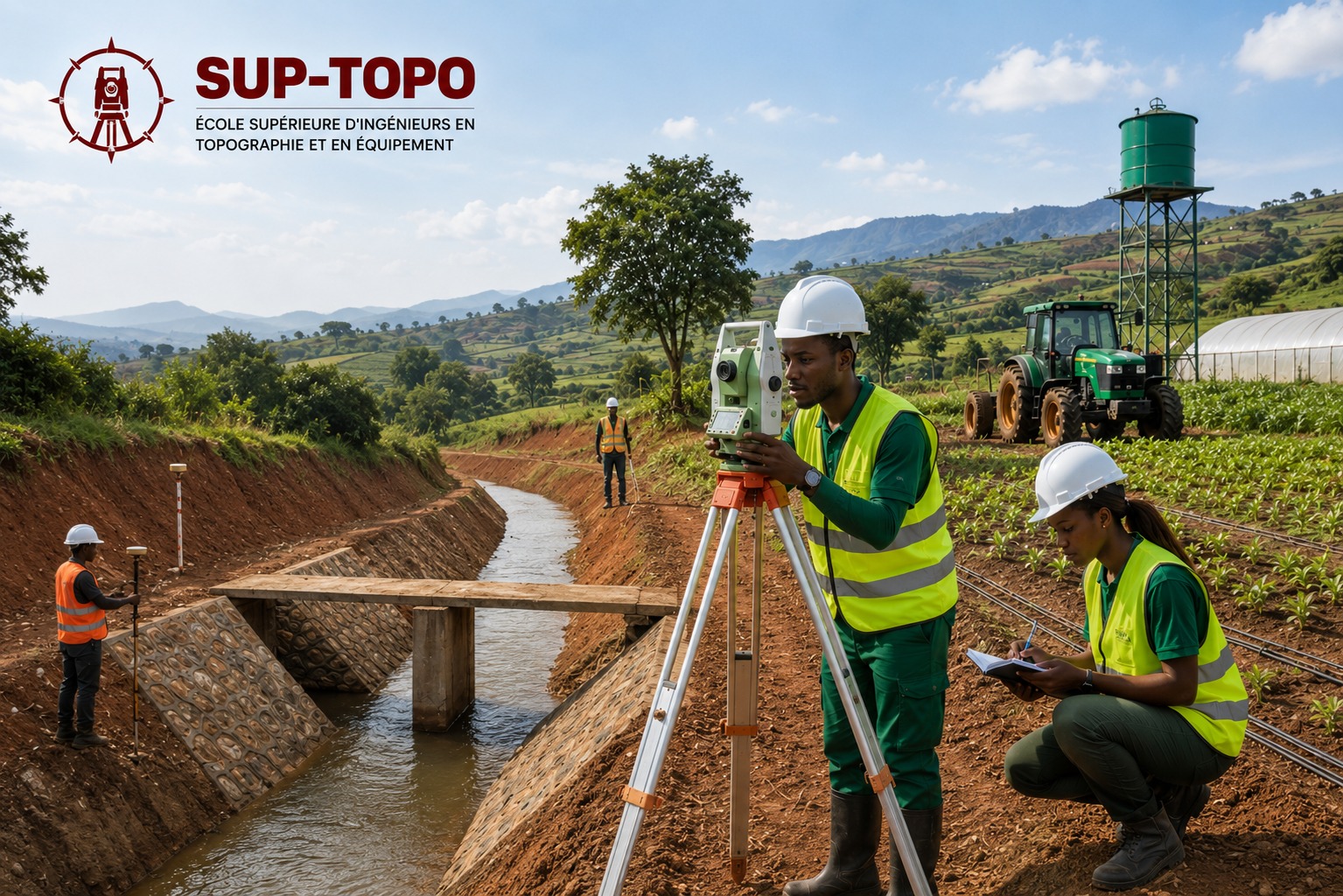 Étudiants en situation réelle de pratique topographique sur le terrain.