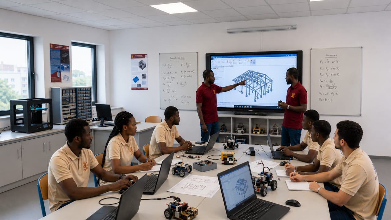 Étudiants et matériel technique dans une salle de travaux pratiques à SUP-TOPO.