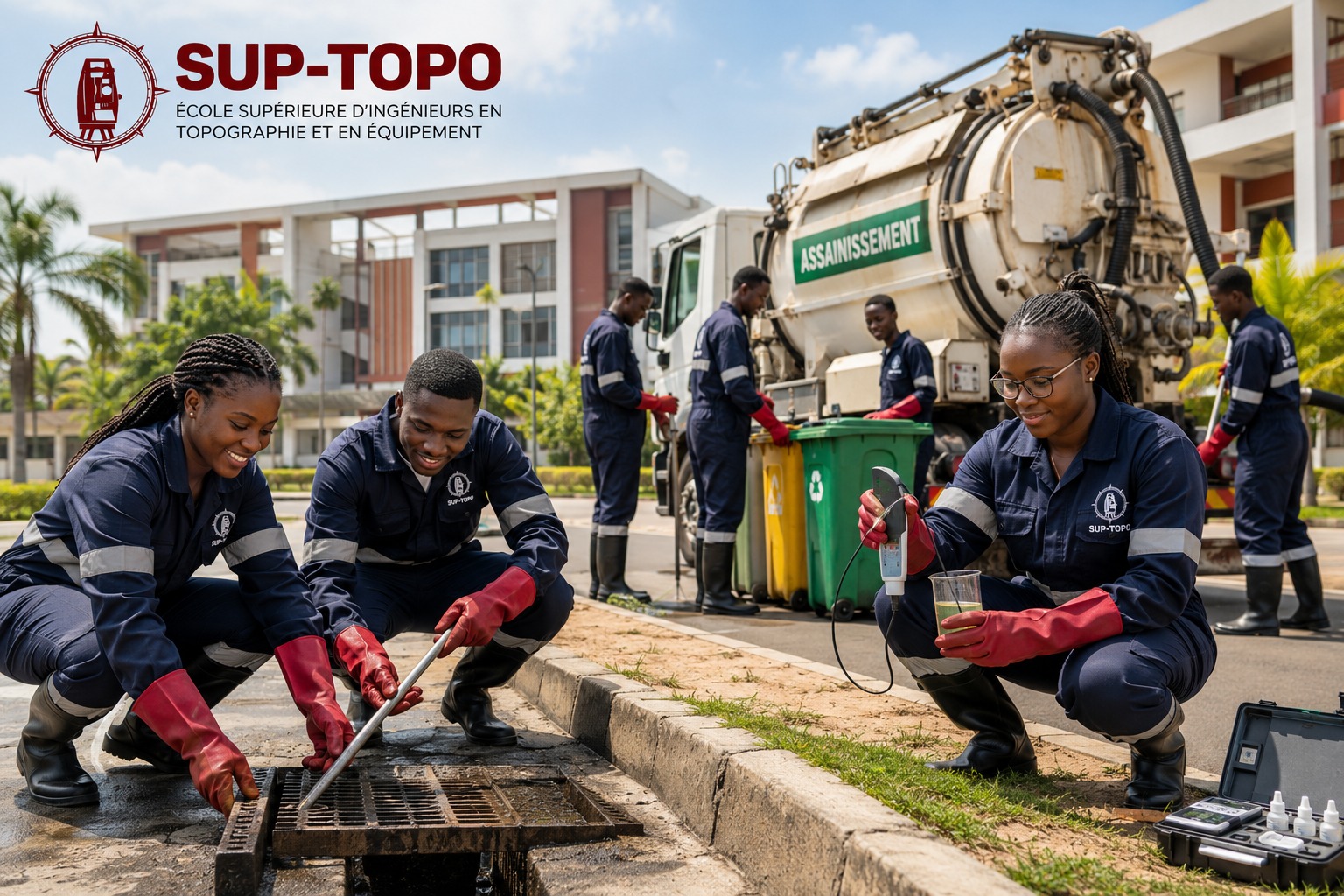 Étudiants de SUP-TOPO en activité pratique liée à l’assainissement et à l’environnement.